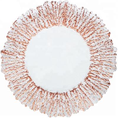 China Disposable Embossed Rose Gold Charger Glass Dish For Wedding for sale