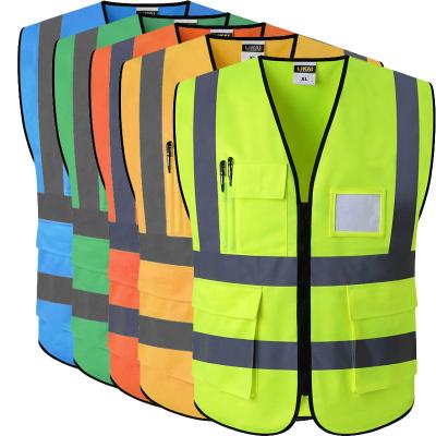 China Breathable Custom Logo Yellow Fluorescent Reflective Safety Vest With Pockets for sale