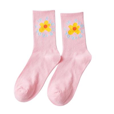 China Women Breathable Knitted Socks Crew Spring Socks For College Style Cute Candy Color Flower Socks for sale