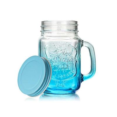 China Custom Glass Empty Viable Mason Juice Candy Honey Water Jars 16oz 500ml 350ml Logo Printed Ice Cold Drink with Straw Handle for sale