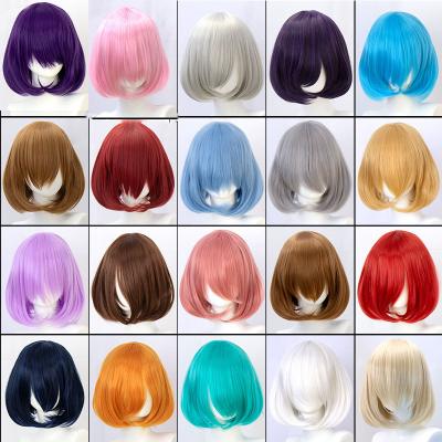 China DIFEI Hair Short Bob Straight Synthetic Wigs Hair With Trimable Bangs Red Pink Blue Purple Cosplay Wig For Women Short Wigs for sale