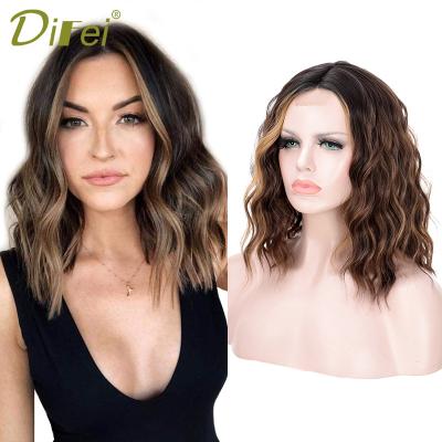 China DIFEI Hair Synthetic Women's Bob Lace Front Wig High Temperature Fiber Heat Resistant Synthetic Wig Natural Dark Brown Wavy Curly Hair for sale