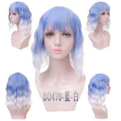 China DIFEI Water Wave Blue White Blue High Resistant Short Bob Wigs For Women With Fiber Bangs Cosplay Natural Curly Synthetic Wig Hair Wig for sale