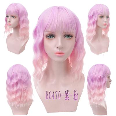 China DIFEI Water Wave White-Pink High Resistant Fiber Short Bob Wigs For Women With Bangs Cosplay Natural Curly Synthetic Wig Hair Wig for sale