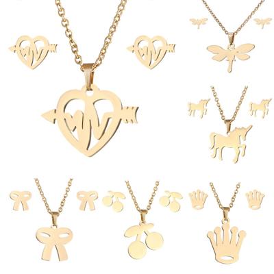 China Simple Trendy Charm Moon Butterfly Moon Heart Cat Cross Gold Stainless Steel Necklace Earring Jewelry Set for sale