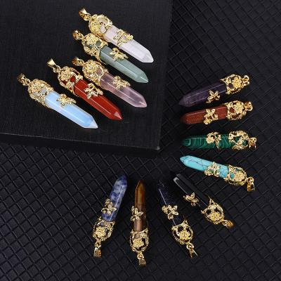 China Luxury Punk Natural Rose Plum Blossom Bullet Gold Custom Crystal Healing Stone Hexagonal Column Necklace Pendant For Necklace for sale