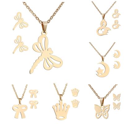 China New Fashion Gold Stainless Steel Heart Cute Bridal Animal Cross Horse Flower Necklace Earrings Pendant Jewelry Set For Women for sale