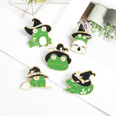 China Cute Brooch Halloween Green Frog Alloy Brooch For Kids Magician Hat Oil Animal Frog Pin Badge Small Painting Brooch for sale