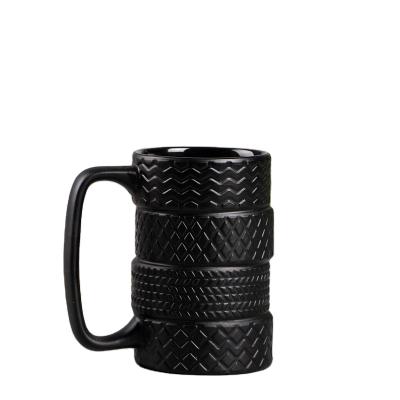 China Hot Selling 430ML Tire Shaped Black Matte Mug Viable Creative Large Capacity Ceramic Water Mug for sale