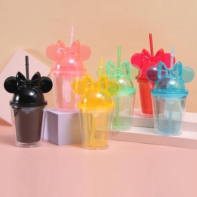 China New environmental protection 12oz 15oz creative double transparent minnie bow children's straw cold drink water plastic cup for sale