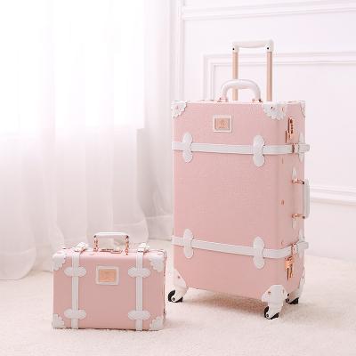 China Large Capacity Factory Embossed Vintage Pink Suitcase Set 26 Inch PU Leather Spinner Luggage With 13 Inch Train Case For Women for sale