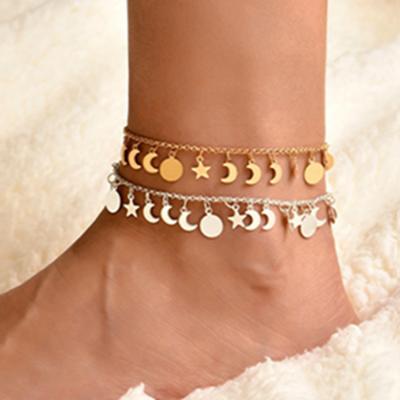 China XJU-74 Alloy Beach Feet Jewelry FASHION Metallic Anklets Double Layers Women Foot Bracelet Circle Moon Star Tassel Single Anklet Chain for sale