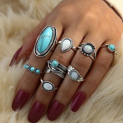 China KR-61 Vintage Vintage Ethnic Jewelry 8pcs Feather Diamond Geometric Women Turquoise Alloy Ring Set for sale