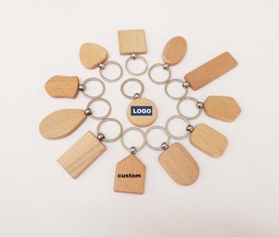 China Promotion Gift No MOQ DIY Beech Wood Blank Key Chain, Customized Laser/Printing LOGO Geometric Wood Carving Key Chain for sale