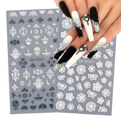 China Easy Apply 5D Acrylic Etched Nail Sticker White Embossed Flower Sliders Nail Art Decorations Lace Wedding Design All For Manicure Wraps for sale