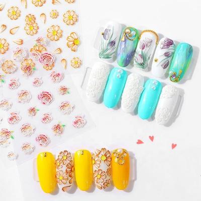 China 3D Flowers 1 PC 5D Engraving Flower Nail Slider Nail Sticker Nail Decals Self Adhesive Embossed Flower Nail Tool Decoration for sale