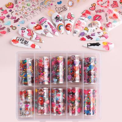 China Valentine's Day Nail Art Decoration 10 Rolls Nail Transfer Foils Adhesive Nail Art Wrap Manicure Decor Angel Lips Lover Heart Design Slider Set for sale