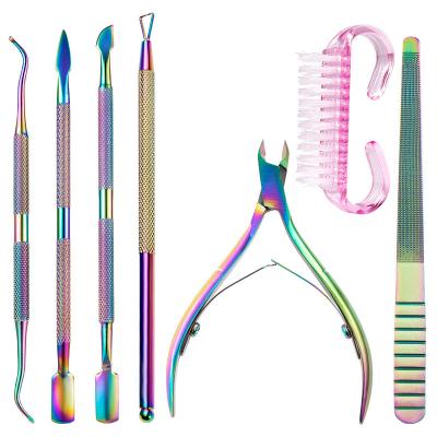 China Professional 7Pcs Nail Beauty Set Nail Folder Dead Peel Pusher Fork Manicure Remover Triangle Stick Cuticle Scissor Cleaning Brush Polish Pedicure Tool for sale