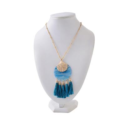 China TRENDY Hot Sale Long Gold Plated Round Blue Tonal Resin With Metal Paved Shell Tassel Pendant Bead Chain Necklace Fashion Jewelry for sale