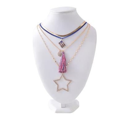 China New Arrival TRENDY Fashion Jewelry Gold Plated Multi Layer America Flag Crystal Pave Star Tassel Pendant Necklace Accessories Women for sale