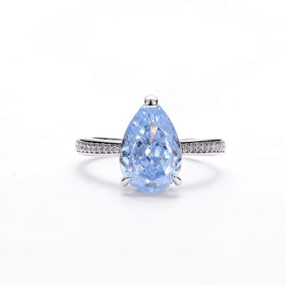 China CLASSIC Blue Wedding Ice Flower Pear Shaped Cut Rings Big Engagement 925 Silver Blue Crystal Diamond Ring for sale