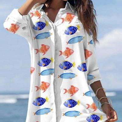 China Plus Size Anti - Static Fashion Loose Pocket Long Sleeve Irregular Print Shirt Top Dress for sale