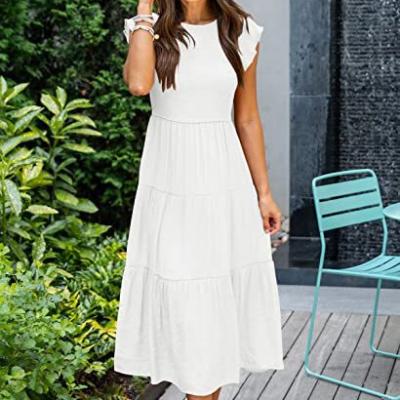 China Anti-Static Women's Summer Short Sleeve Crew Neck Breathable Plain Polyester Midi Tiered Casual Dresses for sale