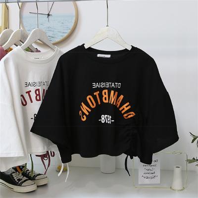 China Anti-wrinkle Summer Custom T-shirts Short Sleeves T-shirt Single Yarn Loose Draws String Around Collar Women's T-shirts for sale