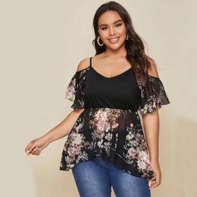 China QUICK DRY Off-The-Shoulder Women's Summer Short Sleeve Tops Over-the-Shoulder Printed Sling Plus Size Tops for sale