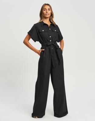 China Custom QUICK DRY One Piece Wide Leg Canvas Leisure Overalls Workplace Solid Color Loose Overalls, Playsuits for sale