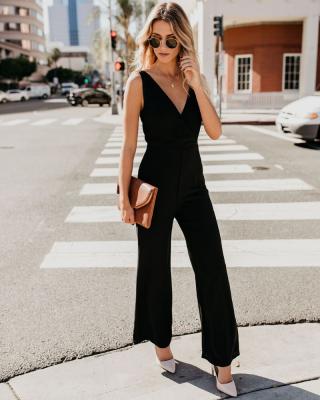 China Wholesale sexy black wide leg jumpsuit v neck backless sleeveless overalls suspenders jumpsuit factory wholesale for sale