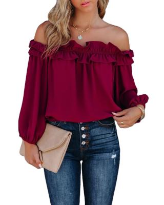 China 2021 new casual ladies temperament blouse anti-shrink ruffled blouse with word collar shirts ladies tops fashion brand chiffon for sale