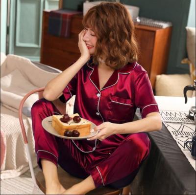 China Size X-y503 Custom Fat QUICK DRY Women Nightgowns Solid Smooth Satin Pajamas Set Multi Color Mature Loungewear Plus Size Pajamas Mujer Set for sale