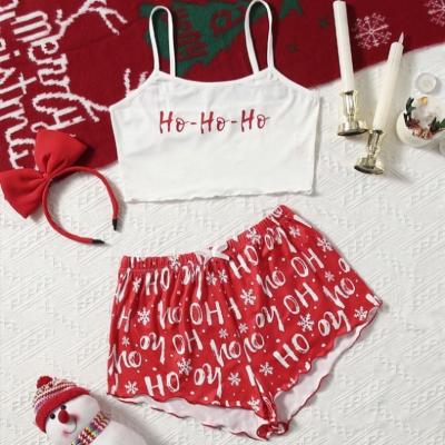 China X-y566 Christmas pajamas family girls camisole set breathable custom design soft milk silk vest pretty and shorts pajamas woman for sale