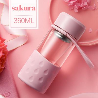 China Viable Wholesale Private Label Borosilicate Tea Infuser Glass Bottle 360ML With Colorful Silicone Sleeve for sale