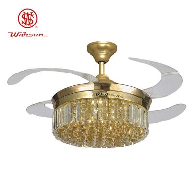 China 42'' Fancy Hanging Design Crystal Lampshade Silent Decorative Lighting Ceiling Fan with Folding Blades for sale