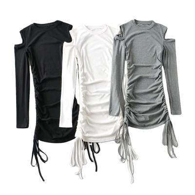 China 2022 Fashionable Anti-Static Hallow Pleat O Veck Strap Edge Shoulder Long Sleeve Sexy Dress for sale