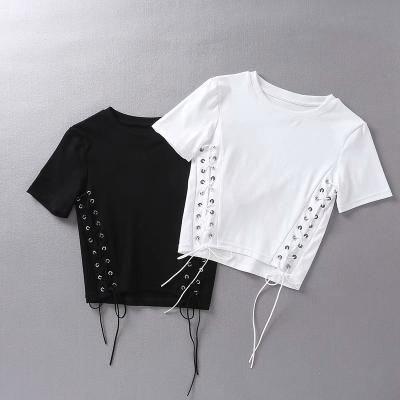 China Anti-pilling Drawstring Round Neck T-shirt New High Waist Short Hollow Out Blouse Women's Thin Fit Top for sale