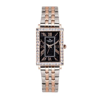 China OEM Rose Gold Analog Folded Band Water Resistant Classic Stainless Steel Ladies Watch With Clear Square Stones for sale