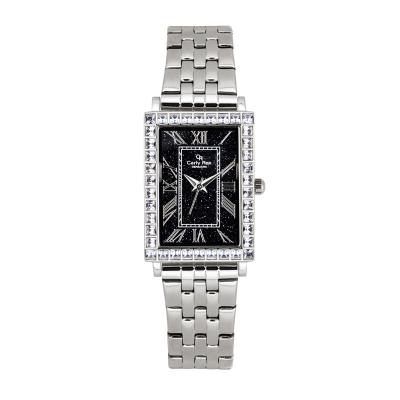 China Water Resistant OEM Silver Analog Band Stainless Steel Ladies Classic Folded Watch With Clear Square Stones for sale