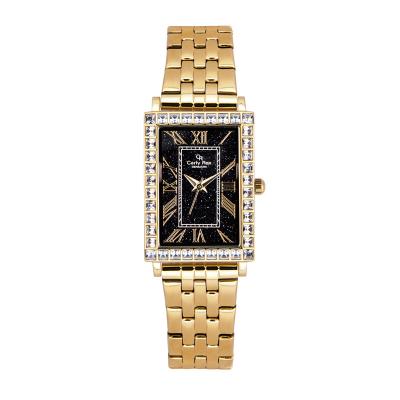 China Water Resistant OEM Gold Analog Folded Band Classic Stainless Steel Ladies Watch With Clear Square Stones for sale