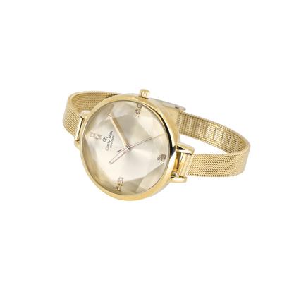 China Water Resistant OEM Gold Analog Mesh Band Alloy Fashion Women Watch With Special Shape Glass for sale