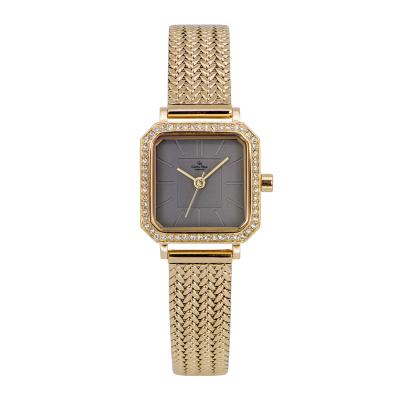 China Water Resistant OEM Gold Analog Mesh Band Stainless Steel Fashion Women Watch With Clear Stones for sale