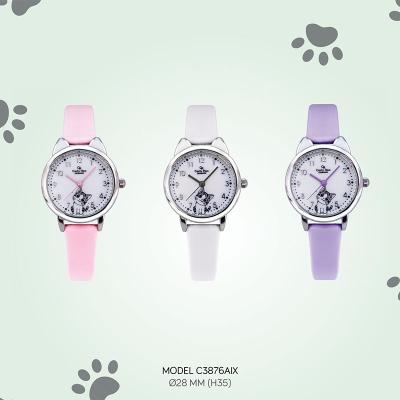 China Water Resistant OEM Kids Alloy PU Analog Strap Cat Kids Watch For Girls for sale