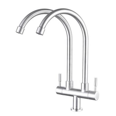 China Modern Stainless Steel SUS 304 Kitchen Faucet Sink Double Pillar Mounted Water Faucet for sale