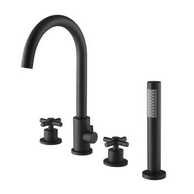 China Without Slide Bar Deck Mount 4 Holes Modern Bathroom Tub Faucet Black With Hand Held Shower for sale