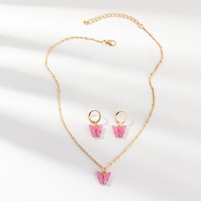 China Wholesale Trendy Fashion Women Jewelry Colorful Acrylic Gold Plated Butterfly Necklace Earring Set Butterfly Pendant Jewelry Sets for sale