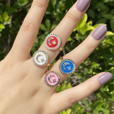 China Fashion Jewelry Wholesale 18K Crystal Copper Rings Moon Star Colorful Zircon Jewelery Charm Ring For Women Adjustable for sale