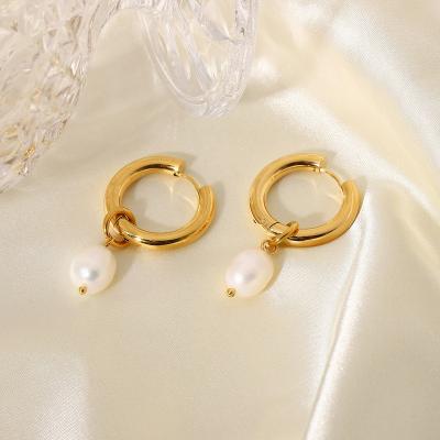 China Fashion Wholesale Women Fashion Jewelry Simple Freshwater Pearl Earrings 18K Gold Plated Double-Layer Stainless Steel Pendant Earrings for sale