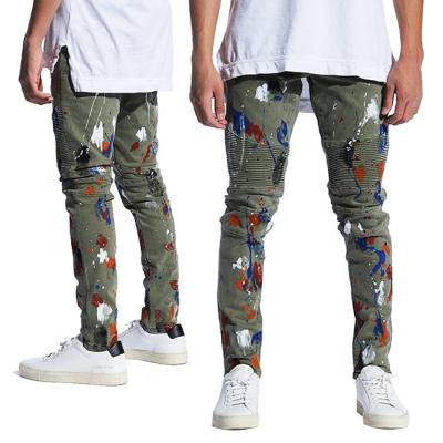 China Custom Paint Color Fade Proof OEM Private Label Biker Jeans Mens Graffiti Skinny Jeans for sale